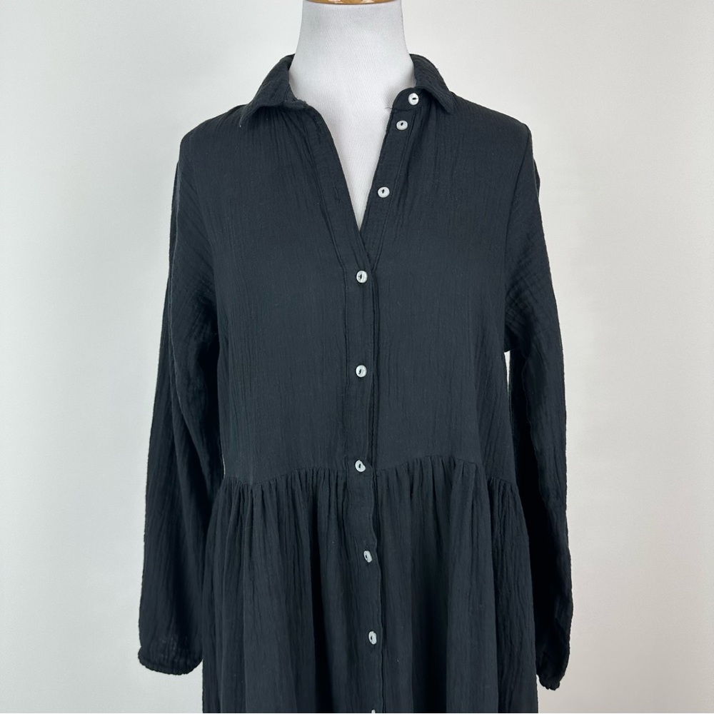 Gina Black Gauze Button Down Collared Maxi Dress Size Medium - Picture 2 of 12